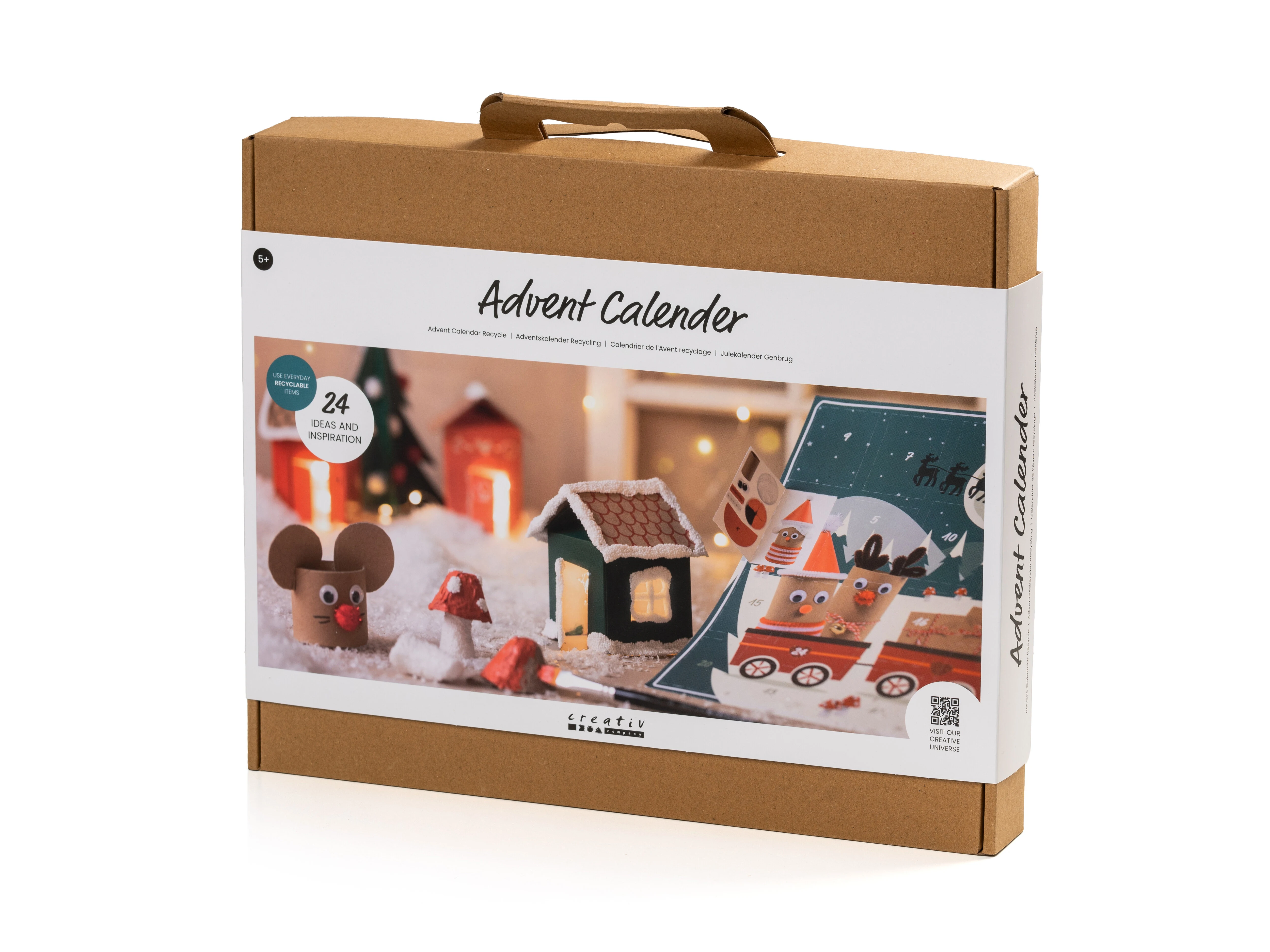 Adventskalender med pyssel: återvinna, vinterlandskap av återbruksmaterial