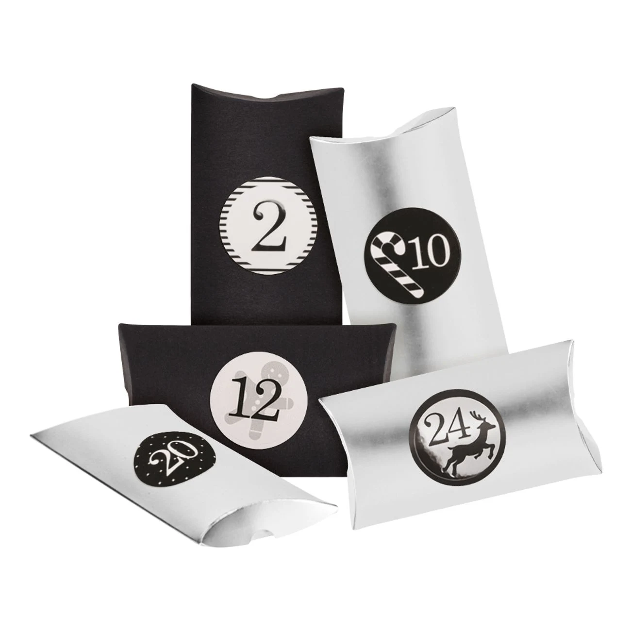 Adventskalender askar i svart och silver, 24 kuddformade askar