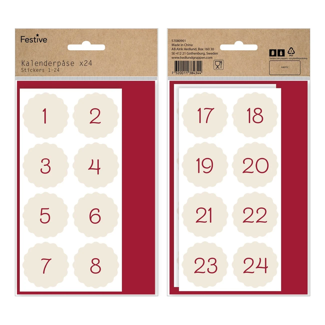 Adventskalender DIY med stickers, röd, 24 papperspåsar