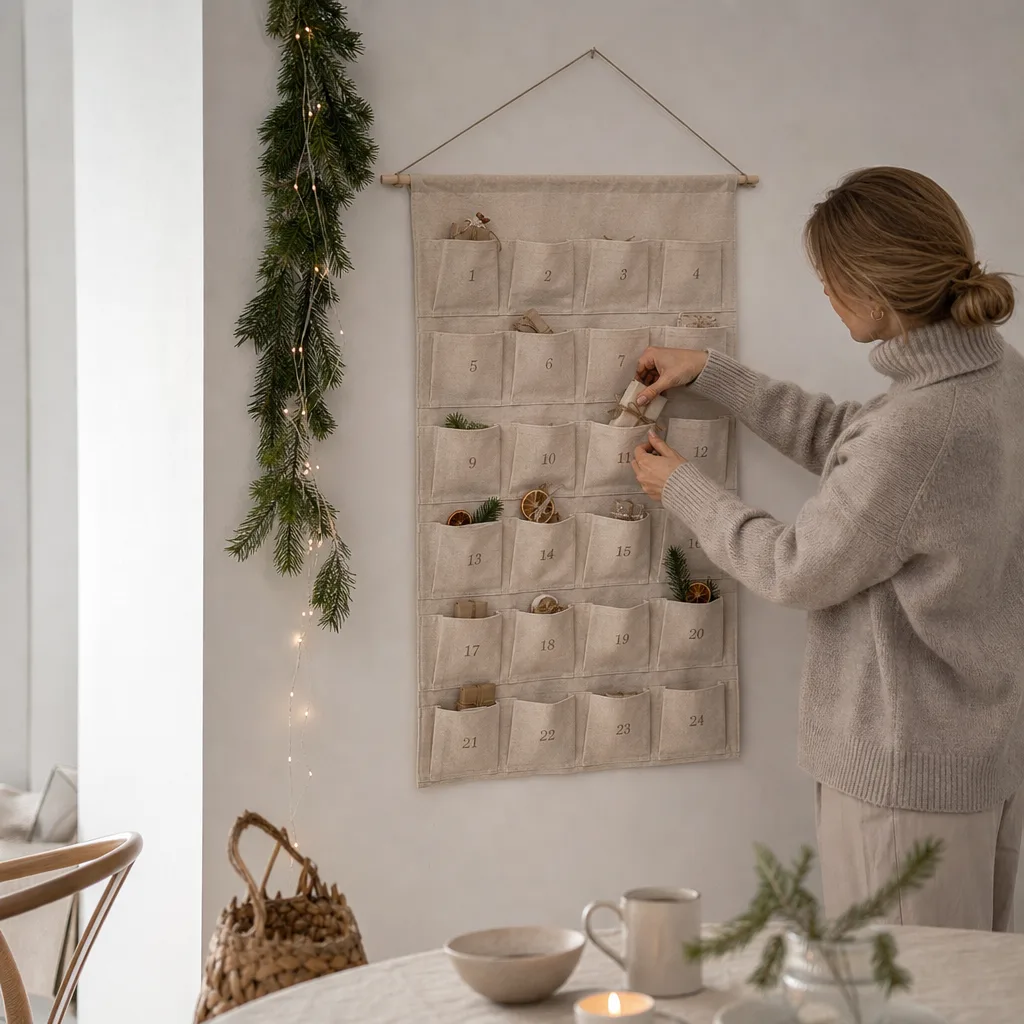 Handgjord adventskalender i tyg med numrerade fickor på en vägg i varmt morgonljus