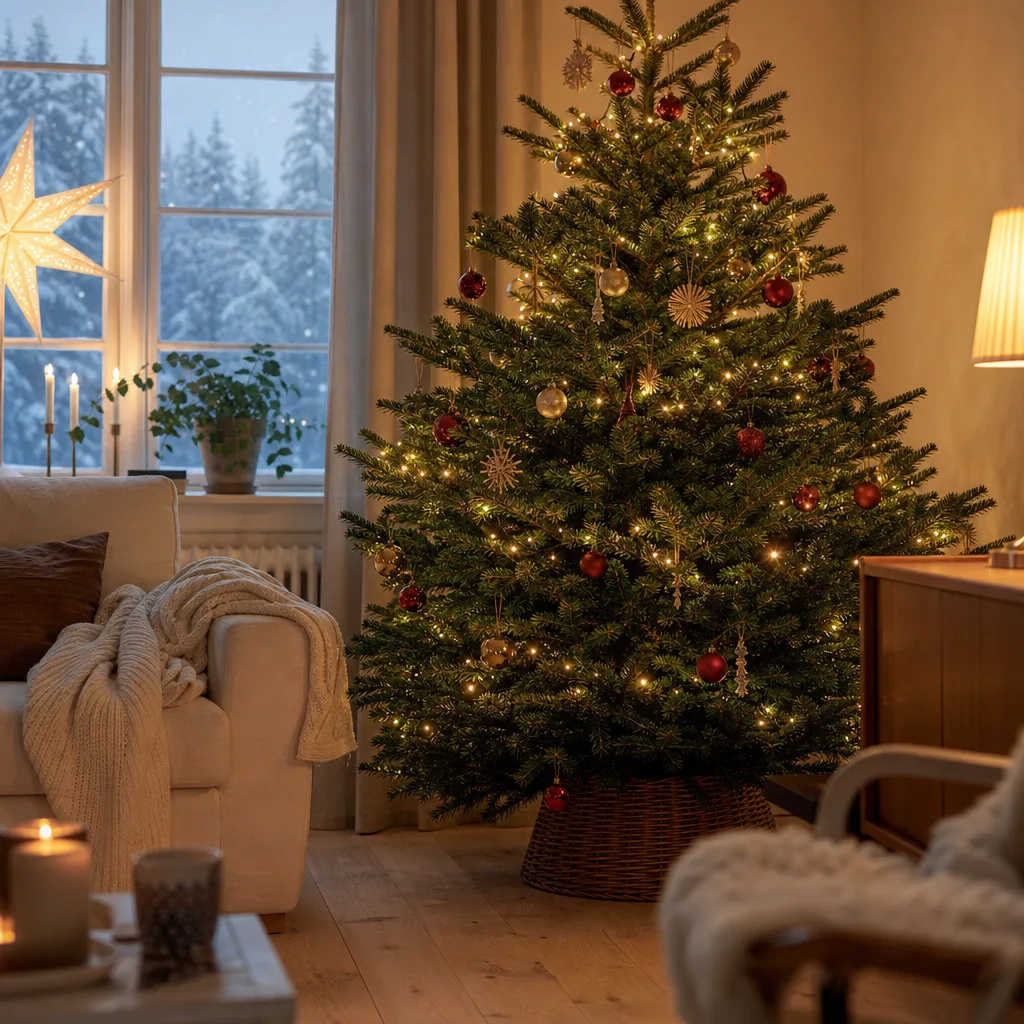Vacker, välpyntad julgran med varm belysning i ett mysigt svenskt vardagsrum
