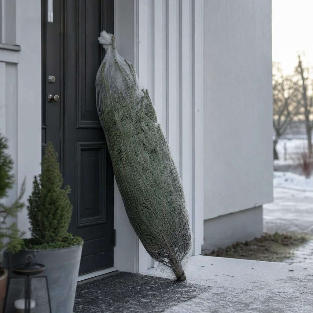 Julgran inslagen i nät levererad vid en ytterdörr en vinterdag