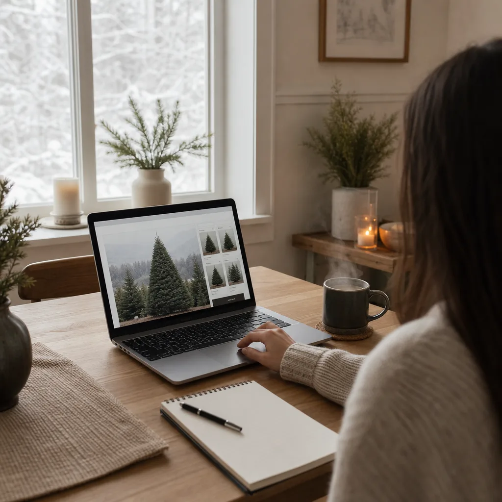 Person som beställer julgran på nätet vid köksbordet med laptop och en kopp kaffe i vinterljus