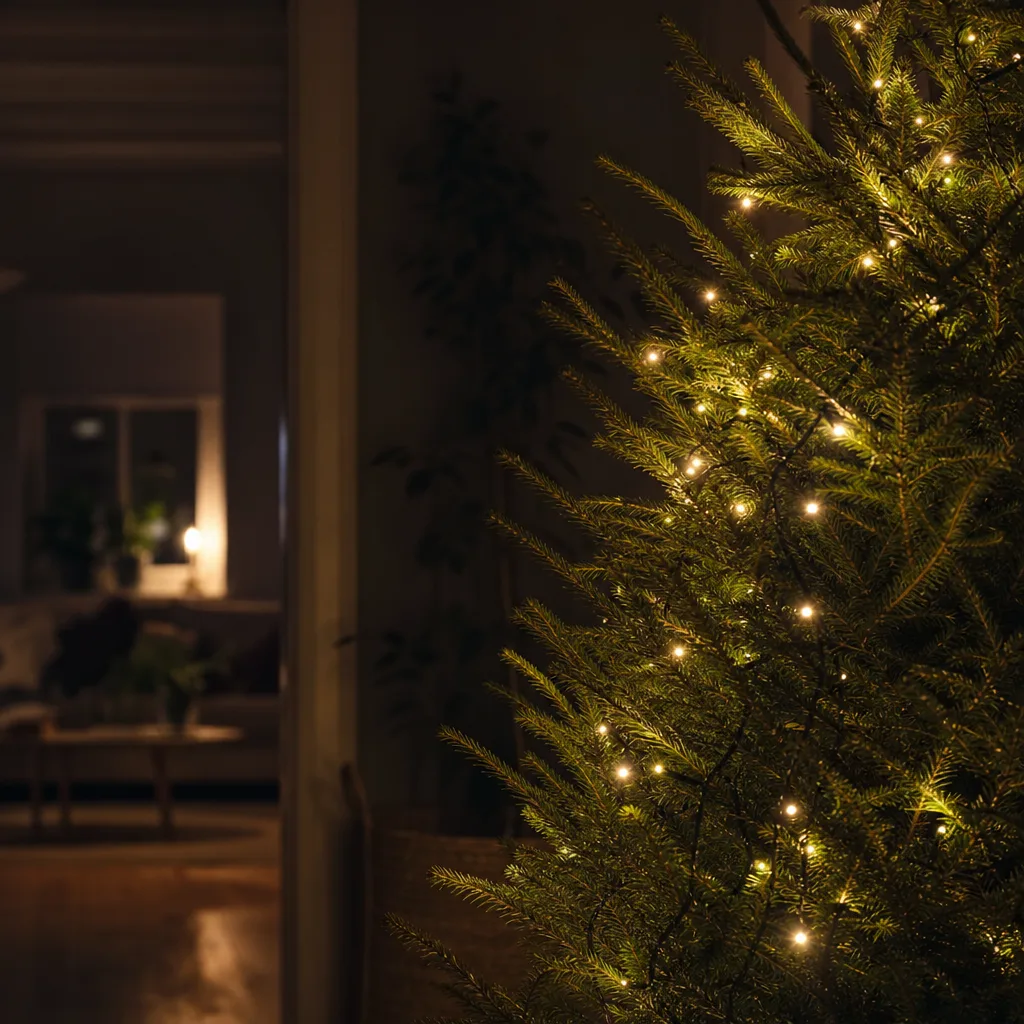 Varmvit LED-ljusslinga som glöder mellan grenarna på en äkta julgran i ett mörkt vardagsrum på kvällen