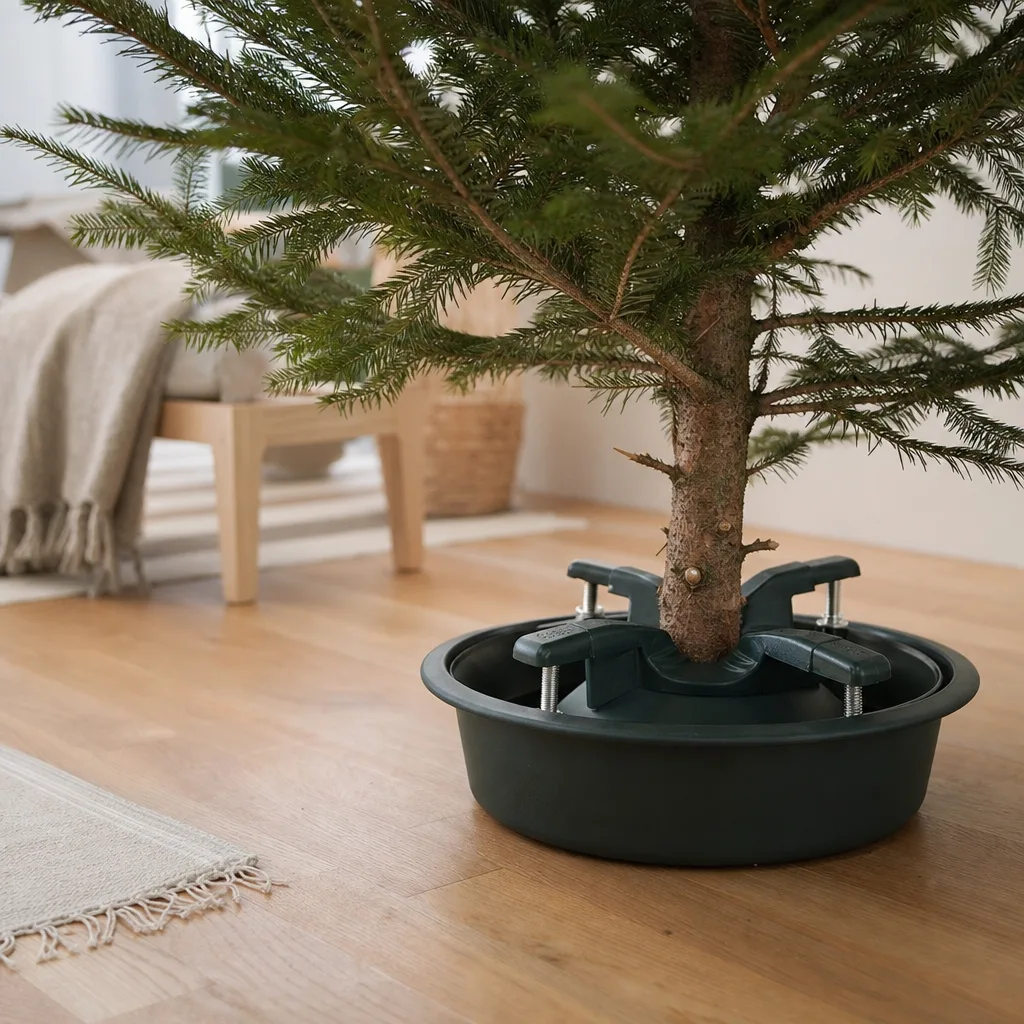 Stadig grön julgransfot med vattenbehållare i botten där den grova stammen på en äkta gran sitter fast