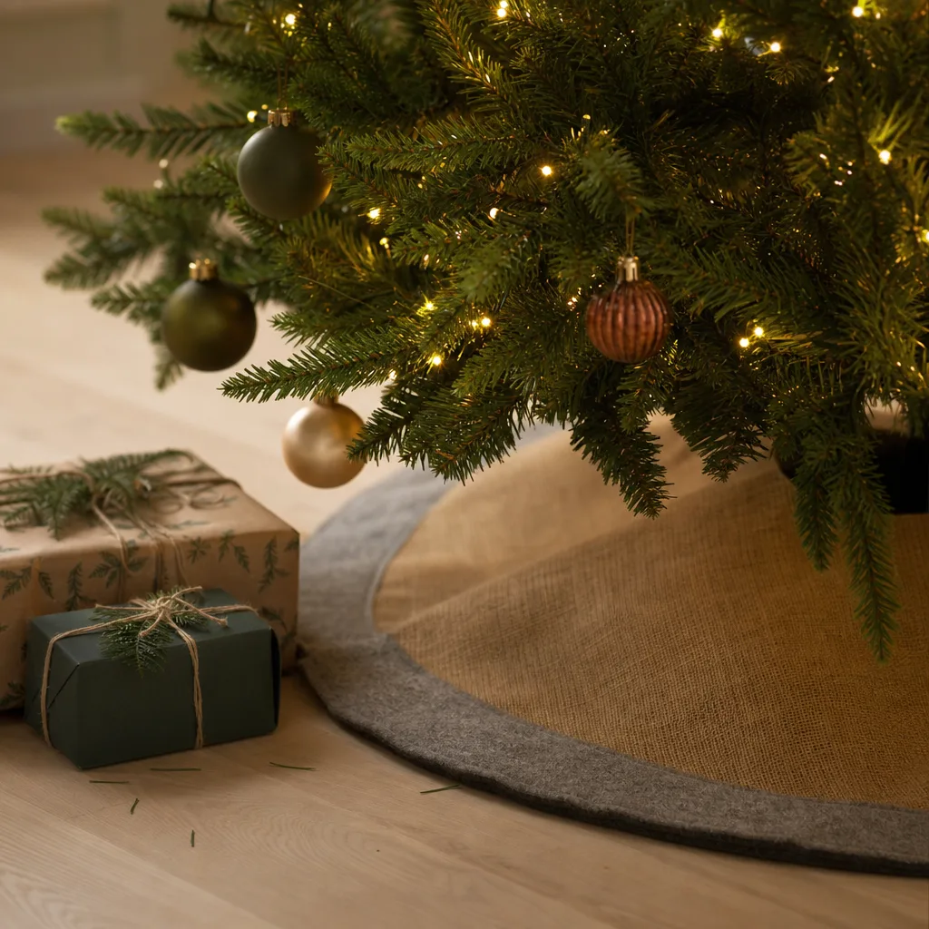 Julgransmatta i jute och filt som ramar in granfoten under en pyntad julgran