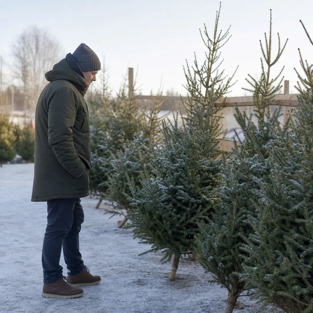 Person i vinterkläder jämför storlek och pris på julgranar vid en utomhusförsäljning