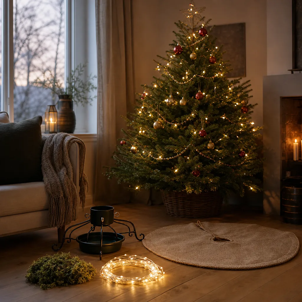 Pyntad julgran med varmvit ljusslinga, röda och guldfärgade kulor och stjärna i topp, med granfot, slinga och granmatta utlagda framför