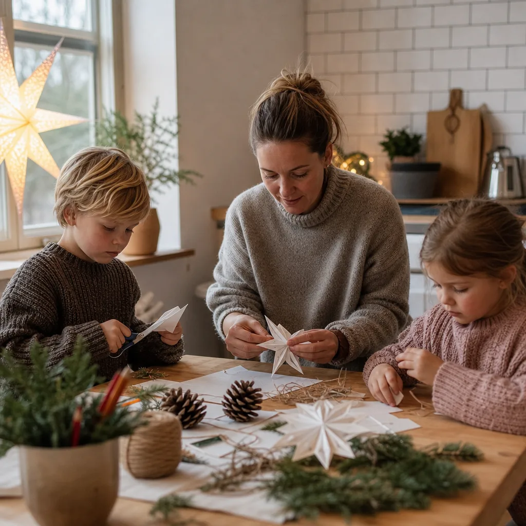 Barn och en vuxen pysslar inför jul vid ett köksbord med papper, kottar och saxar