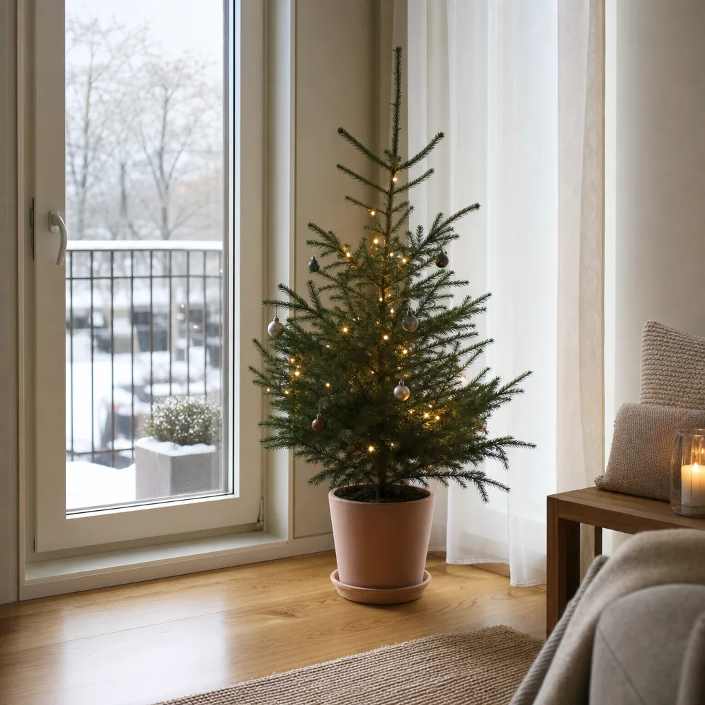 Liten levande julgran i kruka med diskret ljusslinga vid en balkongdörr i ett ljust nordiskt vardagsrum