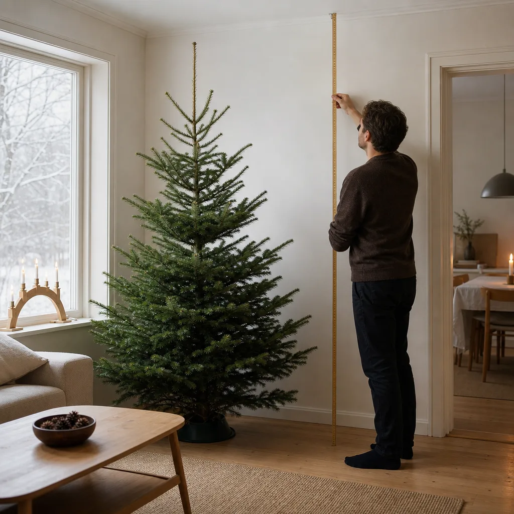Person mäter takhöjden med tumstock bredvid en lagom stor julgran i ett ljust vardagsrum