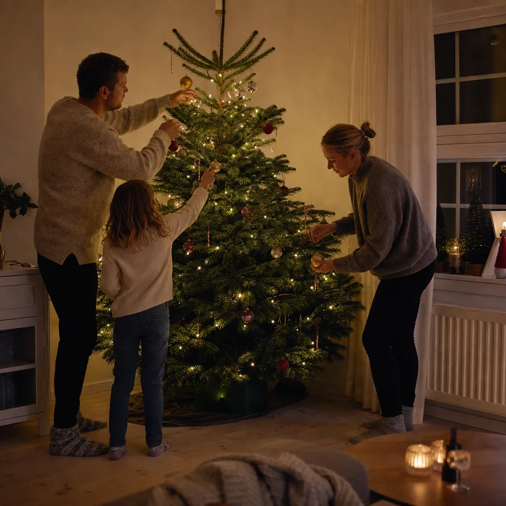 En svensk familj reser och pyntar julgranen tillsammans hemma i adventstid i varmt kvällsljus