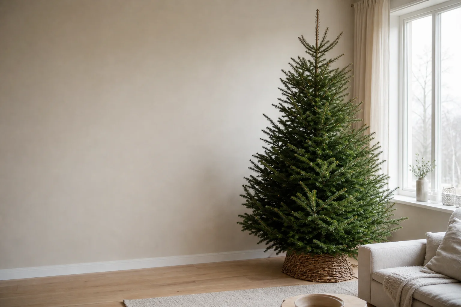 Julgran med hemleverans i ett ljust vardagsrum i Munkfors