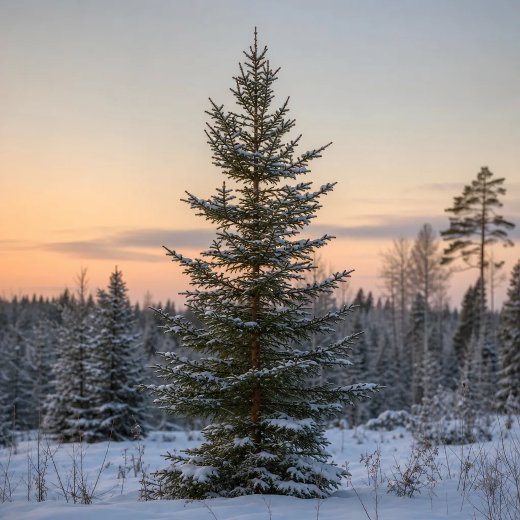 Klassisk mörkgrön rödgran (Picea abies) i snöig svensk skog i skymningsljus