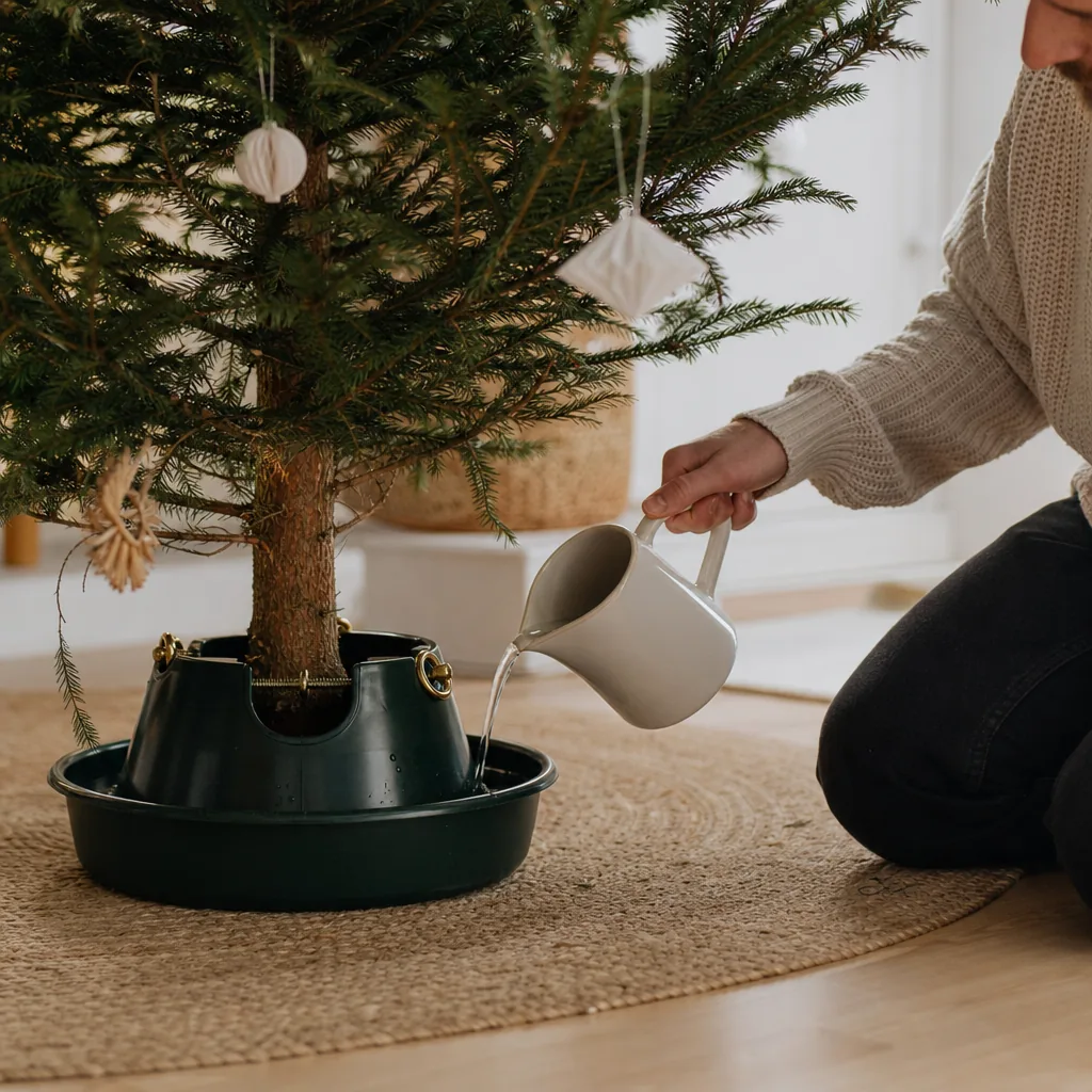 Person fyller på vatten i en grön julgransfot med vattenbehållare under en äkta julgran